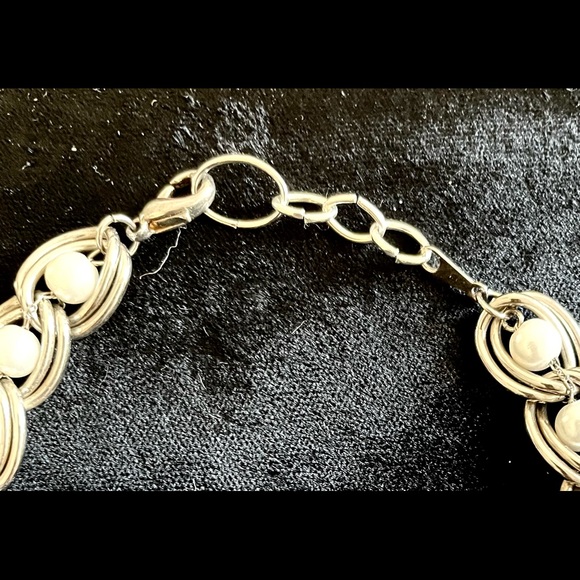 Upcycled Silvertone and Pearl Cross Necklace - Picture 3 of 3